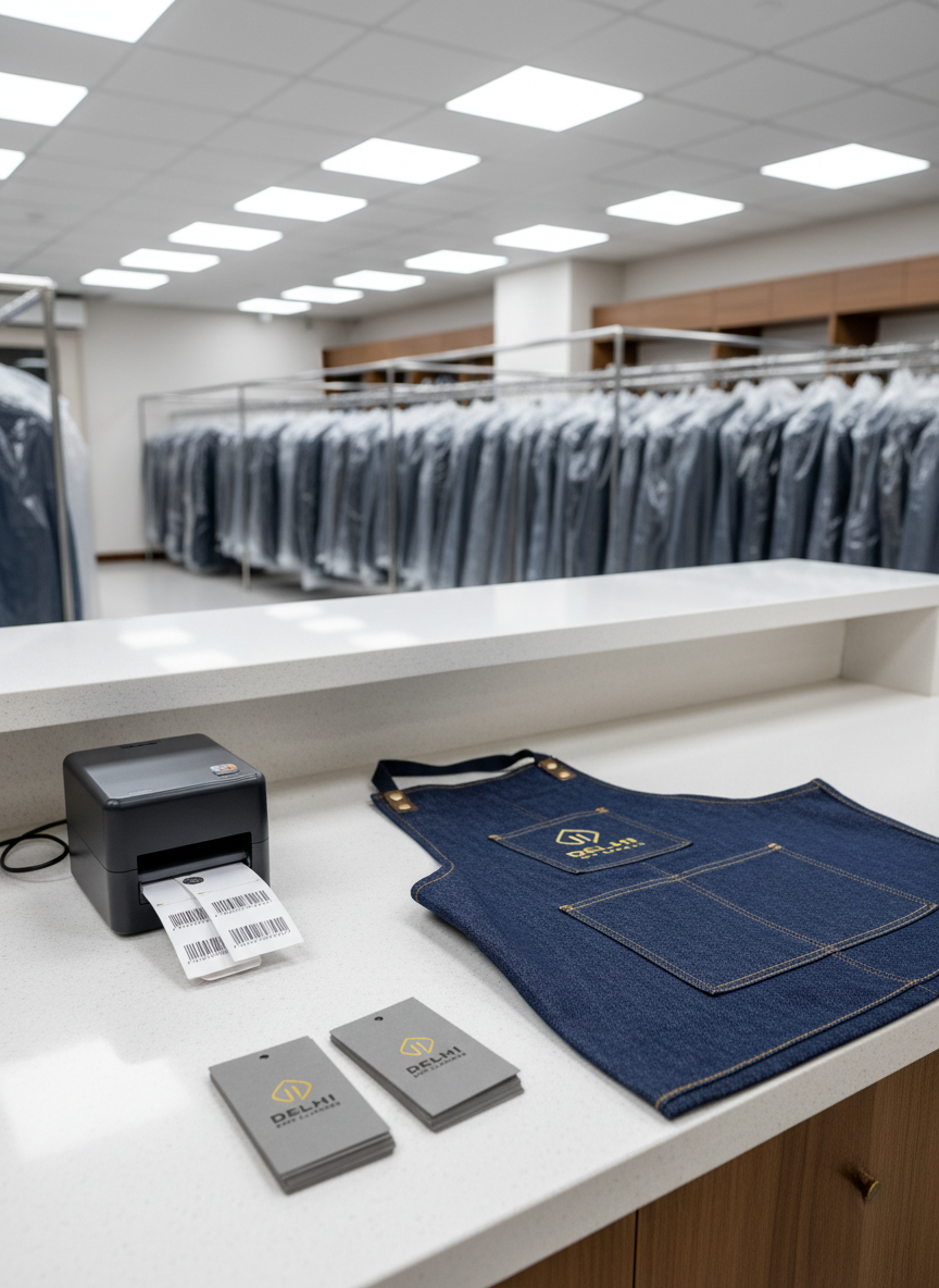 An elegant, well-organized dry cleaning counter with a smooth white quartz surface, featuring neatly arranged tools of the trade: a digital tag printer, spotless barcode tags, a folded navy uniform apron, and a small stack of branded, matte-finish garment tags. Behind the counter, rails of perfectly spaced, plastic-wrapped garments stretch into the distance in soft focus. Bright, neutral overhead lighting creates an even, professional illumination with subtle reflections on the countertop. Shot from a slightly elevated angle with strong leading lines towards the background rails, the mood is efficient, trustworthy, and modern, rendered in crisp photographic realism ideal for a premium Delhi dry cleaning brand.