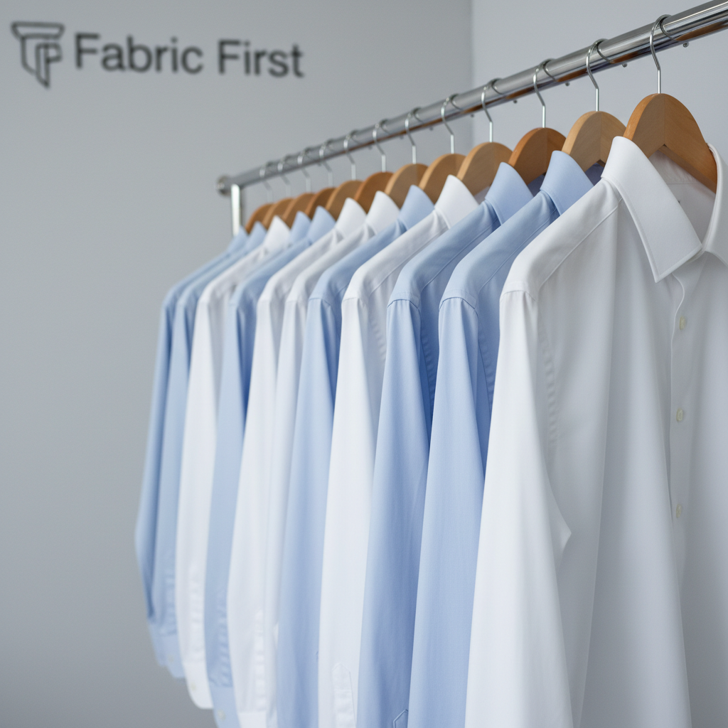 A row of immaculate, freshly pressed business shirts in crisp whites and soft blues hanging on uniform wooden hangers, each sleeve perfectly aligned and collars sharply structured. They are arranged on a sleek chrome rail inside a modern dry cleaning store, with a spotless light-grey wall and a subtle Fabric First logo blurred in the background. Cool, even studio-style lighting highlights the smooth, wrinkle-free fabric and gentle sheen of high-quality cotton. Shot at eye level with a shallow depth of field, the front shirts in tack-sharp focus and the background softly blurred, conveying professionalism, precision, and premium service in clean, photographic realism.