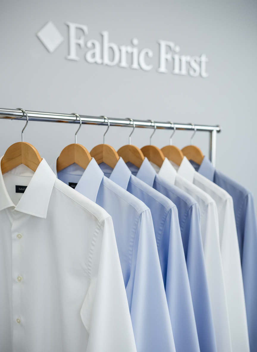 A row of immaculate, freshly pressed business shirts in crisp whites and soft blues hanging on uniform wooden hangers, each sleeve perfectly aligned and collars sharply structured. They are arranged on a sleek chrome rail inside a modern dry cleaning store, with a spotless light-grey wall and a subtle Fabric First logo blurred in the background. Cool, even studio-style lighting highlights the smooth, wrinkle-free fabric and gentle sheen of high-quality cotton. Shot at eye level with a shallow depth of field, the front shirts in tack-sharp focus and the background softly blurred, conveying professionalism, precision, and premium service in clean, photographic realism.