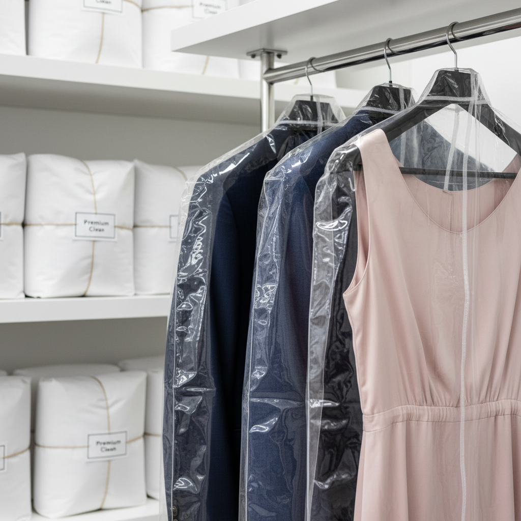 A close-up of a luxurious navy wool suit jacket and a delicate blush silk dress protected in clear, crinkle-free garment covers, hanging side by side on a polished metal rail. The transparent covers catch soft overhead lighting, creating gentle reflections while still revealing the rich textures of the fabrics beneath. Behind them, neatly stacked, perfectly folded laundry bundles wrapped in white paper with minimalist labels sit on pristine white shelves. Captured from a slightly angled perspective with moderate depth of field, the image feels orderly and high-end, evoking trust, care, and premium dry cleaning services in a clean, photographic style.