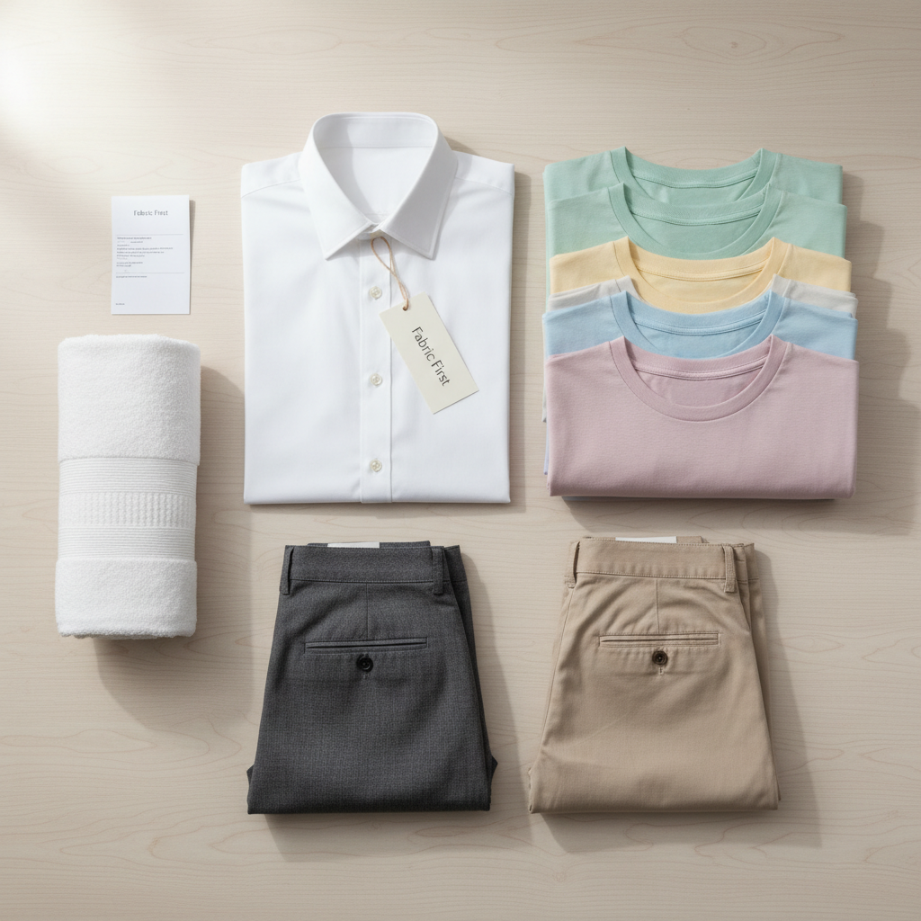 An overhead, flat-lay composition of perfectly folded clothes prepared after premium laundry service: a crisp white shirt, a stack of pastel cotton t-shirts, neatly creased trousers in charcoal and beige, and a soft hotel-style towel with subtle texture. Each item is aligned with precision on a light wooden surface, accompanied by a slim, minimalist Fabric First tag and a discreet, folded invoice. Gentle, diffused daylight from one side casts soft, barely-there shadows, emphasizing cleanliness and order. The composition is balanced, airy, and uncluttered, evoking a sense of calm reliability, modern professionalism, and meticulous care in realistic, high-resolution photography.