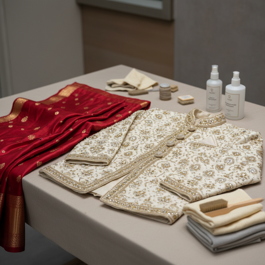 A close, detailed shot of a delicate red silk saree and an intricately embroidered cream sherwani laid out on a padded, neutral-toned worktable, prepared for premium dry cleaning. The fine gold threadwork and tiny bead embellishments catch soft, focused overhead light, revealing texture and craftsmanship without harsh glare. Around the garments, neatly arranged professional tools—fabric-safe brushes, labeled stain-removal bottles, and soft microfiber cloths—suggest expert attention. The background is intentionally blurred into gentle greys and off-whites, keeping the focus on the luxurious Indian attire. Shot from a slightly elevated, three-quarter angle, the mood is respectful, careful, and specialized, rendered in refined photographic realism that speaks to high-end ethnic wear care in Delhi.
