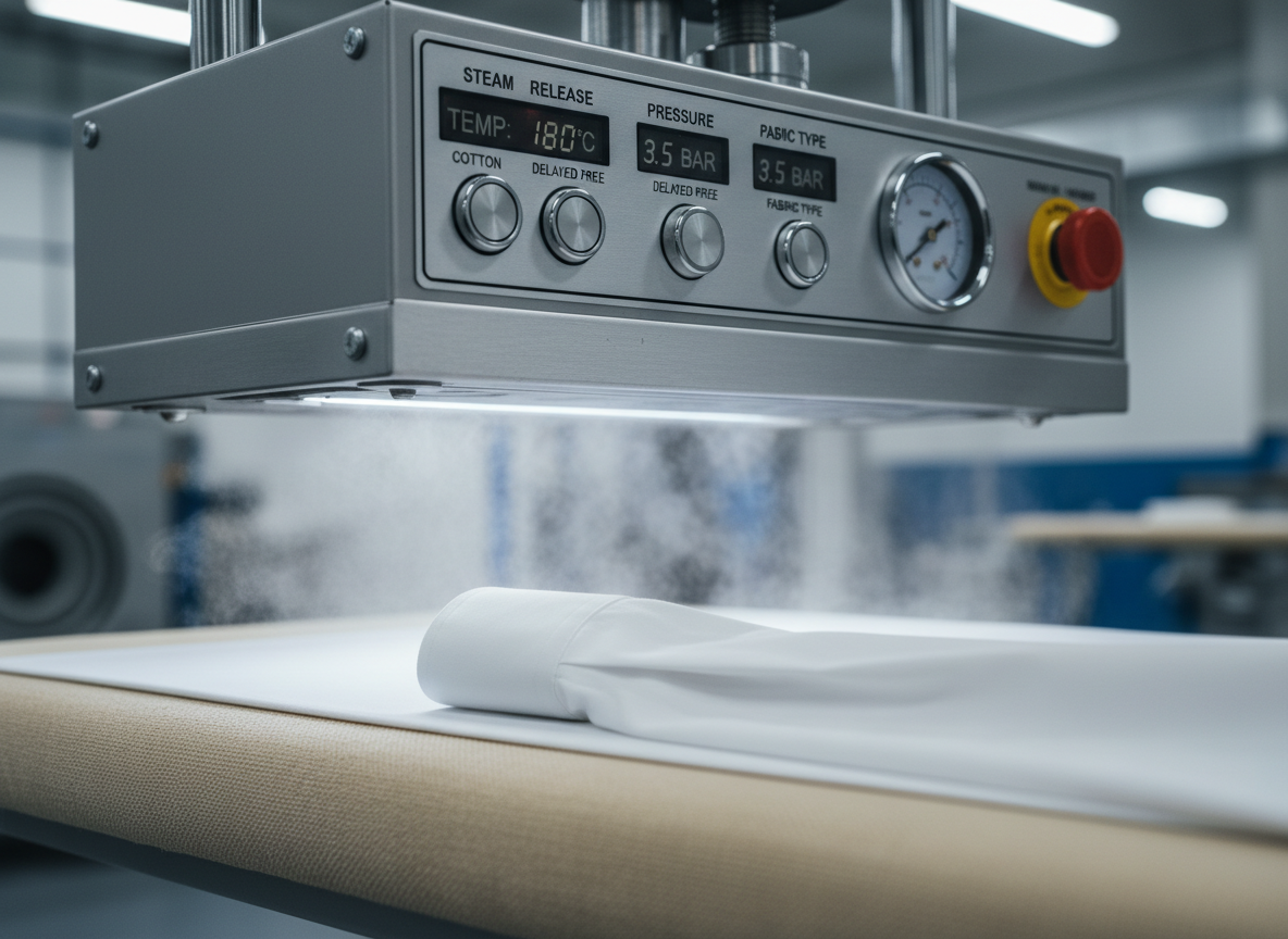 A meticulously detailed close-up of a professional steam press machine gently smoothing a pristine white cotton shirt. The shirt’s cuff lies perfectly flat on the padded ironing board, with the metal plate of the press hovering just above, releasing a faint wisp of steam. The machine’s brushed steel surfaces and clearly labeled digital controls are visible, spotless and well-maintained. Cool, diffused overhead lighting emphasizes the texture of the fabric and the precision of the process, while the background fades into a soft blur of industrial-clean blues and greys. Composed at a low angle, emphasizing craftsmanship, expertise, and technical excellence in a realistic photographic style.