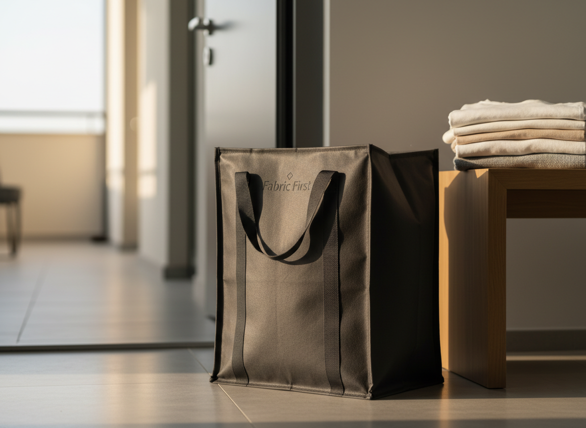 A premium home pickup laundry bag branded with a subtle Fabric First logo, made of sturdy, dark charcoal fabric with reinforced handles and a structured shape, resting neatly beside a modern apartment entrance door. The polished floor tiles reflect soft afternoon daylight streaming in from an unseen balcony, creating gentle, natural highlights on the bag’s surface. Nearby, an orderly stack of folded garments in neutral tones sits on a minimalist bench, hinting at convenience and care. Captured from a slightly low, three-quarter angle with a shallow depth of field so the background corridor is tastefully blurred, the mood is sophisticated, dependable, and service-oriented, in clean photographic realism.